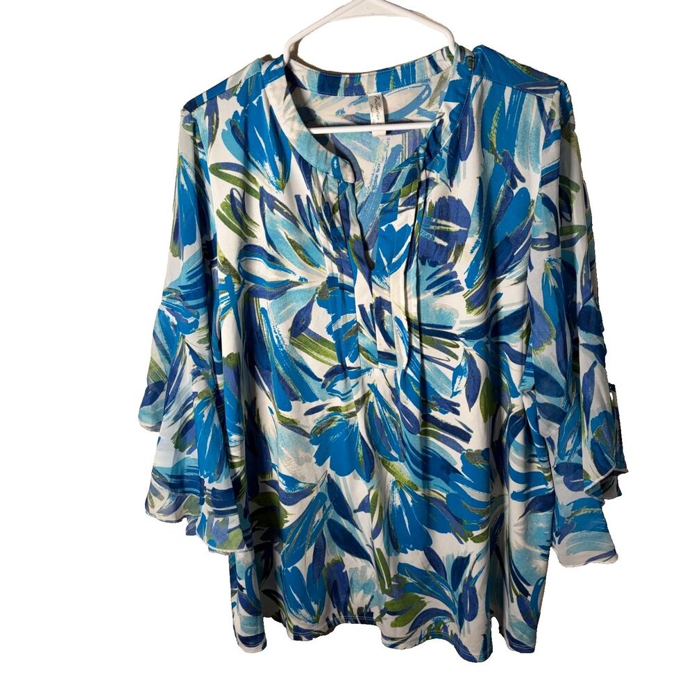Perseption Blouse Women's 2X V-Neck Colorful Ruffle 3/4 Sleeve Pleated Top